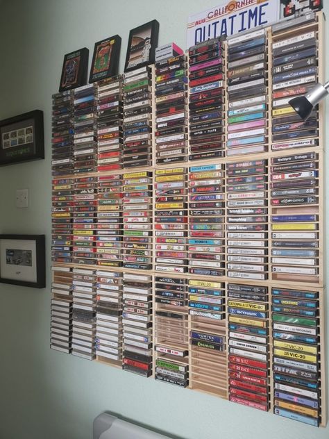 Vhs Tape Storage Ideas, Music Storage Room, Cassette Tapes Room Decor, Cassette Tapes Display, Cassette Tape Display Ideas, Cassette Tape Storage Ideas, Cassette Tapes Storage, Cassette Storage Ideas, Cassette Display Ideas