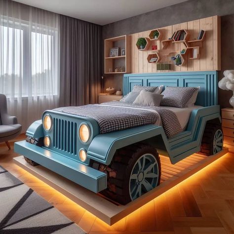 Jeep-Shaped Bed Jeep Bed, Weird Beds, Unusual Beds, Small Tent, Interactive Walls, Unique Sofas, Unique Furniture Pieces, Car Bed, Adventure Begins