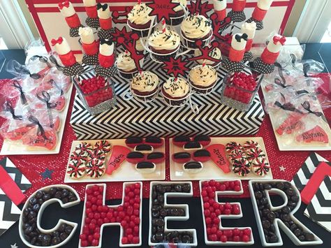 TEAM DARE Cheerleading Kickoff Party | CatchMyParty.com Cheer Party Food Ideas, Cheer Party Food, Cheer Graduation Party Ideas, Cheer Banquet Photo Backdrop, Cheerleader Banquet Ideas, Cheerleader Party Ideas, Cheerleading Banquet Ideas, Cheer Party Ideas, Cheer Birthday Party Ideas