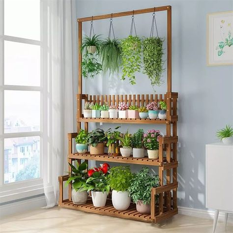 3 Tier Plant Shelf Hanging Bar Plant Stand Flower Rack for Garden Patio Balcony | Michaels Wooden Plant Stands Indoor, Plant Stand With Wheels, Balcony Flowers, Garden Shelves, Wooden Plant Stands, Support Plante, Wood Plant Stand, Flower Pot Garden, Hanging Bar