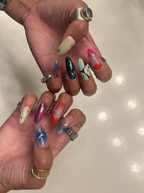 Eclectic Acrylic Nails, Tokyo Nails Street Styles, Maximalist Nail Design, Mismatched Nail Designs, Mismatched Nails Summer, Chaos Nails, Mismatch Nail Designs, Colorful Abstract Nails, Short Maximalist Nails