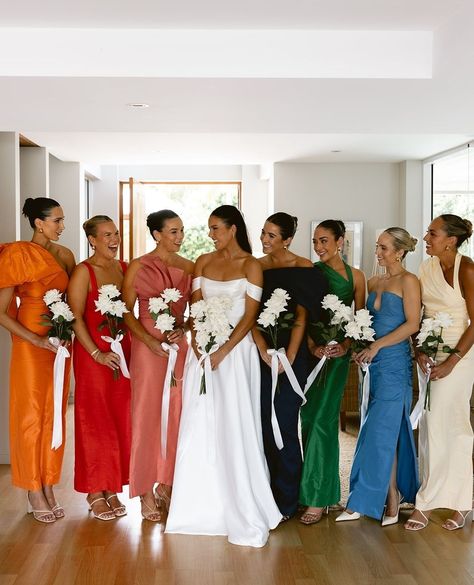 We LOVE seeing bridesmaids in different dresses and colours to suit their personal style ✨⁠ ⁠ Photographer: @luminousmoments_⁠ Florist: @mapleflowersdecor⁠ Planner & Stylist: @lovebirdweddings ⁠ Hair: @foxslanestyling ⁠ Makeup: @melissachristiemakeup @facebyjenn⁠ ⁠ ⁠ ⁠ ⁠ ⁠ ⁠ ⁠ ⁠ ⁠ ⁠ ⁠ ⁠ ⁠ #originalwedding #beautifulwedding #elegantwedding #weddinginspiration #weddingideas #weddingdecor #weddingdetails #weddingstyling #weddingstyle #weddingdesign #luxurywedding #sunshinecoastwedding #weddings... Rainbow Wedding Party Bridesmaid Dresses, Neon Wedding Bridesmaid, Sunset Colours Bridesmaids, Editorial Wedding Bridesmaids, Editorial Bridesmaid Photos, Bridesmaid Suits, Different Bridesmaid Dresses, Love Birds Wedding, Coast Wedding