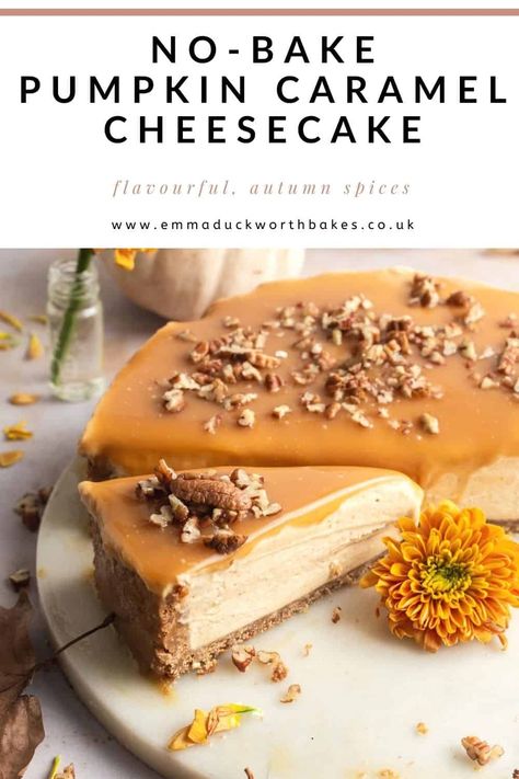 Caramel Pumpkin Cheesecake Recipe No Bake Pumpkin Caramel Cheesecake, Caramel Pumpkin Cheesecake, Biscoff Crust, Delicious Cheesecake Recipes, Pumpkin Filling, Caramel Pumpkin, Seasonal Baking, Baked Caramel, Dinner Party Desserts