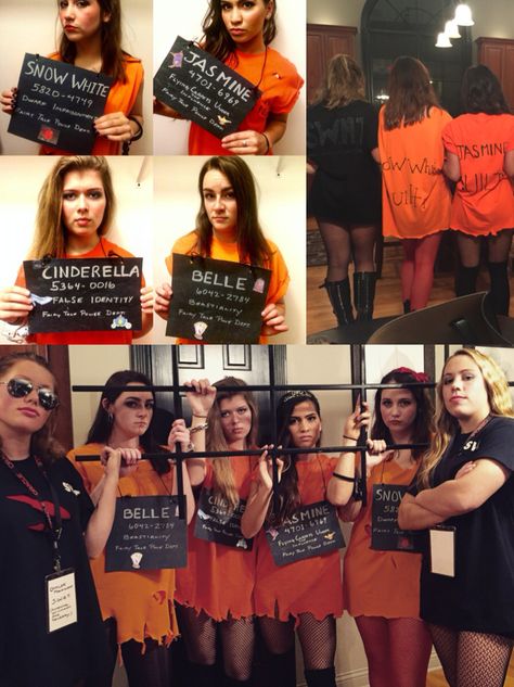 Convicted princesses and fairy tale police department DIY Halloween costume. Diy Inmate Costume, Cop And Inmate Costume Best Friends, Diy Inmate Costume Women, Disney Princess Jail Costume, Police And Prisoner Costume Friends, Prison Mike Costume Girl, Prisoner Halloween Costume, Girl Prisoner Halloween Costume, Prisoner Halloween