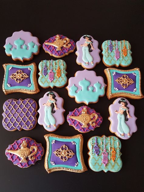 Princess Jasmine Cookies @reginabron Jasmine Cookies Princess, Jasmine Birthday Decorations, Princess Jasmine Cookies Decorated, Princess Jasmine Themed Birthday Party, Aladdin Cookies Decorated, Princess Jasmine Birthday Party Cake, Princess Jasmine Baby Shower Theme, Jasmin Birthday Party Ideas Princess, Jasmine Themed Quinceanera