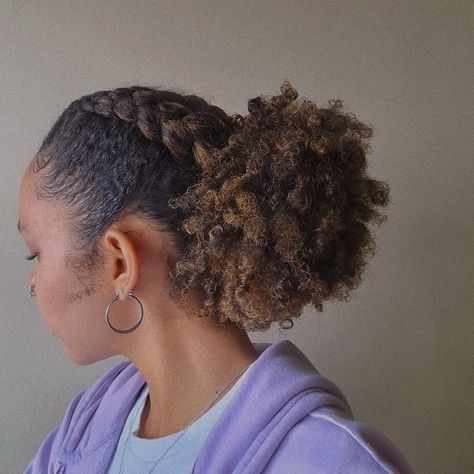 2 Cornrows Into Puff, Cornrow With Afro Puff Styles, 2 Cornrows Natural Hair, Cornrow Puff Hairstyle, Cornrows With Afro Puff, Braided Afro Puff Hairstyles, Cornrow Puff, Maddie Hairstyles, 2 Cornrows