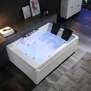 Minimalist lines and generous design. Bench seat for side-by-side bathing. Color: Biscuit | MTI Baths Kalia 60" x 60" Undermount Soaking Acrylic Bathtub w / Integrated Seat Acrylic, Size 23.0 H x 59.75 W in | Wayfair Wall Alcove, Jetted Bath Tubs, Chrome Faucet, Whirlpool Tub, Jacuzzi Tub, Jetted Tub, Whirlpool Bathtub, Acrylic Bathtub, Bath Tub