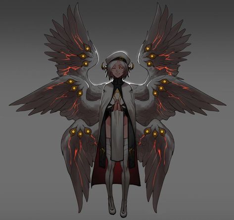 Black Sclera, Background Grey, Feathered Wings, Glowing Eyes, Hands Together, White Wings, Face Characters, Dungeons And Dragons Homebrew, One Eye