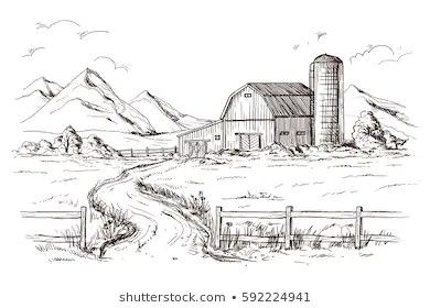 Farm Drawing, Landscape Field, Village Drawing, Mountain Sketch, Cityscape Drawing, Scene Tattoo, Barn Wall Art, Field House, Western Landscape