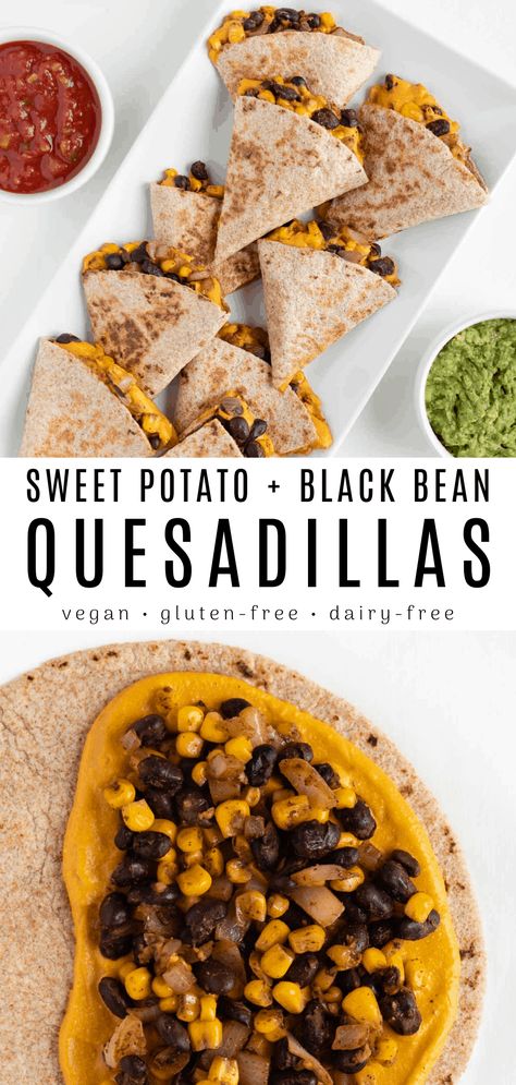 Sweet potato black bean quesadillas are vegan, healthy, dairy-free, and so delicious! This Mexican-inspired dinner recipe is loaded with vegetables. Crispy tortillas are stuffed with a creamy sweet potato cheese sauce, spicy black beans, and corn. These vegan quesadillas are made without cheese and without meat! #quesadillarecipes #quesadillas #sweetpotatorecipes #veganrecipes #vegandinner #beans #mexicanfoodrecipes #mexicanrecipes #cincodemayo #veganmeals #plantbasedrecipes #meatlessmonday Sweet Potato Cheese, Spicy Black Beans, Vegan Quesadillas, Sweet Potato Quesadilla, Sweet Potato And Black Bean, Sweet Potato Black Bean, Sweet Potato Black Beans, Unhealthy Food, Vegan Dinner Recipes