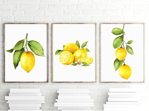 Lemon Print, Lemon Art Prints or Canvas Set of 3, Watercolor Lemon Print, Lemon Kitchen Farmhouse Art Print Decor, Watercolor Lemon Wall Art Lemon Canvas, Lemon Artwork, Lemon Watercolor, Lemon Painting, Lemon Kitchen, Lemon Art, Painting Summer, Fruit Wall Art, Cactus Wall