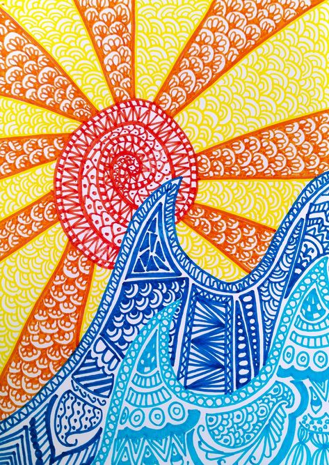 Waves and Sun doodle sketch pen doodling mandala art of the waves and the sun Beach Mandala Art, Doodle Art Ocean, Beach Zentangle, Ocean Zentangle, Sun Mandala Design, Summer Season Drawing, Sunrise Mandala, Sun Doodle, Rainbow Pattern Design