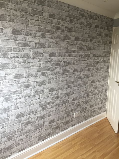 Teen boys bedroom. Grey brick effect wallpaper. Homebase £10.95 per roll Brick Bedroom Ideas, Boys Bedroom Grey, Brick Wallpaper Living Room, Brick Wallpaper Bedroom, Grey Brick Wall, Gray Brick Wall, Brick Wall Bedroom, Boys Bedroom Wallpaper, Brick Bedroom