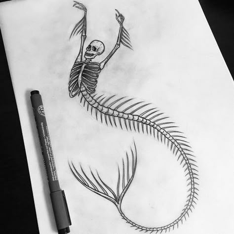 Animal Stencil Art, Zombie Drawings, Mermaid Sketch, Deep Drawing, Mermaid Skeleton, Drawing Lines, Skeleton Drawings, Gif Disney, Skeleton Tattoos