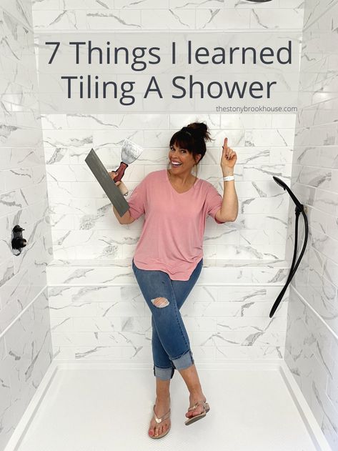 7 Things I learned Tiling A Shower Shower Retile Diy, Easy Tile Shower Diy, Easy Clean Shower Tile, Shower Tile Ideas Easy To Clean, Replacing Shower Insert, Tiling Shower Floor, Retiling Bathroom Shower Wall Tiles, Easy To Clean Bathroom Tile, Replace Shower Tile