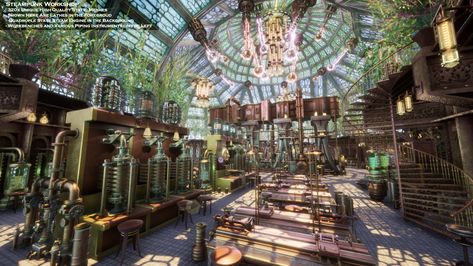 Fantasy Workshop Concept Art, Steampunk Hospital, Steampunk Greenhouse, Victorian Workshop, Steampunk Environment, Fantasy Workshop, Steam Punk Room, Steampunk Lab, Steampunk Library