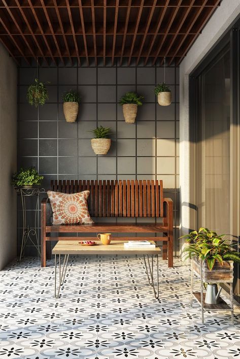 Earthy Balcony Design With Patterned Floor Contemporary Balcony, Living Room And Bedroom Combo, Balcony Design Ideas, Kitchen Shelf Decor, Balcony Flooring, Modern Balcony, Small Balcony Design, Courtyard Design, Roof Architecture