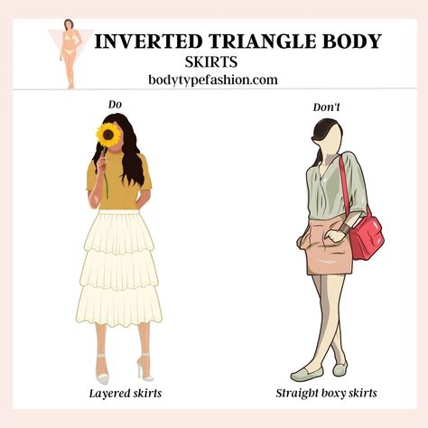 Best Skirt Styles for Inverted Triangle Body Shape - Fashion for Your Body Type Midsize Inverted Triangle, Triangle Body Shape Celebrities, Triangle Outfits, Inverted Triangle Body Shape Fashion, Inverted Triangle Body Shape Outfits, Triangle Body Shape Fashion, Friends Fits, Triangle Body Shape Outfits, Layered Skirts