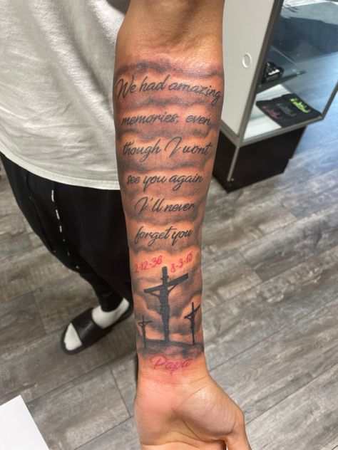 Half Sleeve Tattoos Outer Forearm, Tattoo Ideas For Men For Lost Ones, Time Waits For No One Tattoo Ideas, Tattoos With Clouds For Men, Psalm 23 Tattoo Forearm, Forearm Tattoo For Lost Loved One Men, Tattoos For Lost Father, Psalms 144:1 Tattoo, Forearm Tattoo Sleeve Ideas