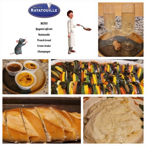 Ratatouille Dinner And A Movie, Ratatouille Movie Food, Ratatouille Movie Night, Movie And Dinner Theme, Disney Movie Night Snacks, Disney Brunch, Disney Dinner And A Movie, Movie Night Desserts, Fiction Food