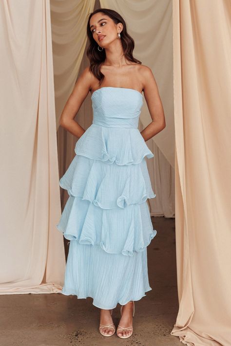 Giavana Strapless Layered Midi Dress Pale Blue by Selfie Leslie Pale Blue Dress Outfit, Whimsical Blue Dress, Flowy Formal Dress Long, Light Blue Fancy Dress, Preppy Long Dress, Where To Shop For Dresses, Blue Elegant Maxi Dress, Denim Blue Sundress, Blue Bridesmaids Dresses Mismatched