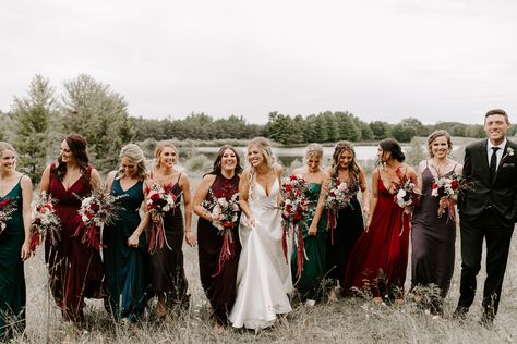 Bridal party in moody jewel tones, BHLDN opaline wedding dress, tullymore golf resort in Canadian lakes Michigan, bridesman In bridal party, DIY bouquets, fall wedding, mix match bridesmaid dresses Jewel Tone Wedding Theme, Mix Match Bridesmaid Dresses, Mixed Bridesmaid Dresses, Jewel Tone Bridesmaid, Handfasting Dress, Bridesmaid Dress Color Schemes, Canadian Lakes, Mix Match Bridesmaids, Fall Bridesmaids