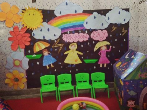 Rainy Season Classroom Decoration, Rainy Day Decoration Ideas, Rainy Day Board Decoration, Rainy Day Bulletin Board Ideas, Rainy Season Decoration For School, Rainy Day Decoration In Preschool, Rainy Season Board Decoration Ideas, Classroom Door Displays, 2023 Board