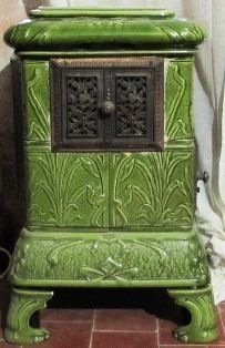 Art Nouveau Ceramic Tile Wood Log Stove in Green @ Antique French Stove Co French Stove, Italian Sculpture, Old Stove, Deco Champetre, Vintage Stoves, Antique Stove, Stove Fireplace, Wood Burning Stove, Glass Doors