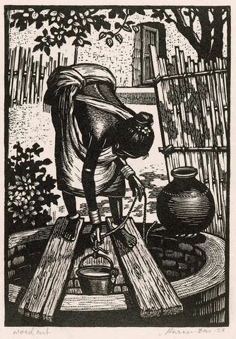 Woman At The Well - Haren Das - Bengal School Art Woodcut Painting by Haren Das | Buy Posters, Frames, Canvas & Digital Art Prints | Small, Compact, Medium and Large Variants Woman At The Well, Woodcut Art, Relief Printmaking, Art Basics, Printmaking Art, Woodcuts Prints, Madhubani Painting, Buy Posters, Geometric Animals