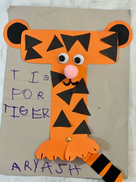 Crafts For The Letter T Preschool, Letter T Animal Craft, T For Tiger Craft, Letter T Prek Activities, Letter T Craft Preschool, T Is For Preschool Craft, Letter T Ideas For Preschool, Letter T Projects For Preschool, Letter T Tiger Craft