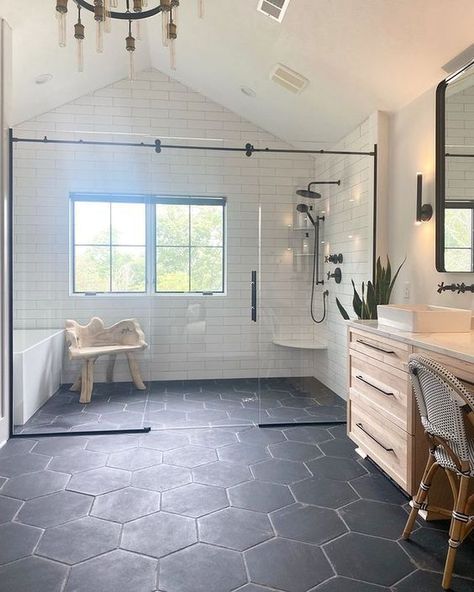 SomerTile’s Instagram photo: “Modern farmhouse bathroom goals ft. our distressed wood-look hex tile😍 📸: @blacksuburbanfarmhouse” Wet Room Bathroom, Powder Room Decor, Teak Bench, Modern Farmhouse Bathroom, Bathroom Goals, Bath Remodel, Wet Rooms, Farmhouse Bathroom, How To Distress Wood