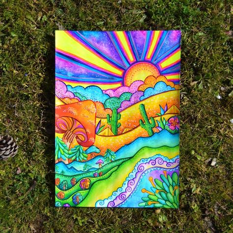 Trippy Drawings, Psychadelic Art, Hippie Painting, Cosmic Art, Cute Canvas Paintings, Unique Drawings, Art N Craft, Doodle Art Designs, Rainbow Art