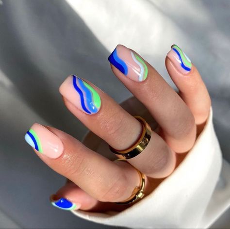 Blue And Green Abstract Nails, Bright Vacation Nails Short, Neon Wavy Nails, Orange Green And Blue Nails, Summer Nails Ideas Acrylic Bright Colors Neon, Blue Pink And Green Nails, Green And Blue Nails Short, Blue And Green Nail Art Designs, Pastel Blue And Green Nails