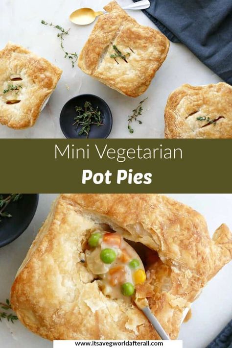 Mini Vegetarian Pot Pies - It's a Veg World After All® Vegetarian Pot Pies, Vegetarian Pot Pie Recipe, Veggie Pot Pie Recipe, Veg Pie, Savoury Pastry Recipe, Vegetarian Pie, Mini Pot Pies, Veggie Pot Pie, Vegetarian Pot Pie