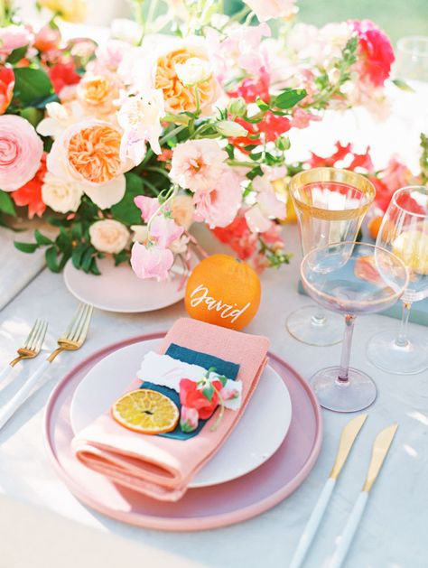 Our Grand Del Mar Wedding Part Two | Published on Martha Stewart Weddings Pink Taper Candles, Wedding Table Pink, Citrus Wedding, Diy Spring, Martha Stewart Weddings, Deco Floral, Wedding Table Settings, Wedding Tablescapes, Tropical Wedding