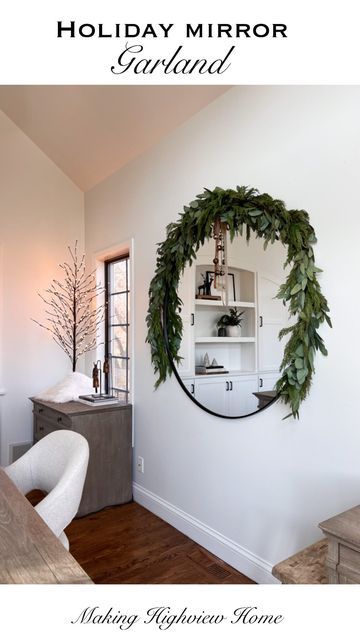 JENNY | HOME STYLING & DIY on Instagram: "Easily decorate any mirror for the Holidays this year with garland, ribbon and bells…. Always bells. My mirror is 48” and I used two each cedar and eucalyptus garlands. I loosely twisted them together before I hung them on the wall and then adjusted more. I used damage free cam and hooks to keep to garland on the wall and in place. To complete the look I tied a looked now with my camel velvet ribbon and added the cutest set of $12 jingle bells. Want Christmas Decor Dinning Room Ideas, Interior Wreath Decor, Mirror And Wreath Decor, What To Cook For Friends Dinners, Garland On Circle Mirror, Wreath Mirror Decor, 3 Wreaths On Wall, Minimalist Neutral Fall Decor, Holiday Salon Decor