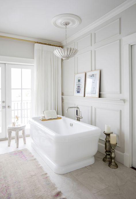 Jillian Harris Wayfair Jillian Harris, Master Ensuite, Real Estat, Steam Showers Bathroom, White Bath, Home Luxury, Cabinetry Design, Subway Tiles, Custom Drapes