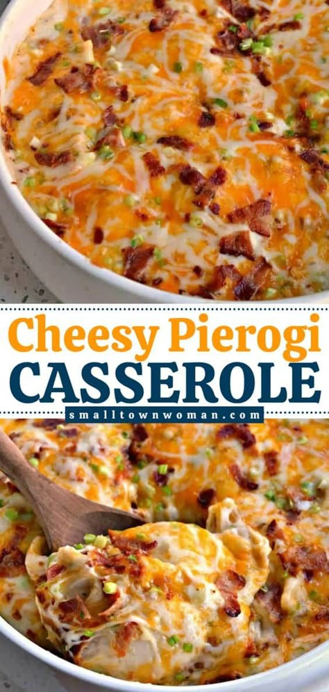 Treat your family to this Cheesy Pierogi Casserole! It's a simple comfort food that only takes less than 15 minutes to get in the oven. Everyone will be requesting seconds of this hearty dinner with frozen pierogies, bacon, cheese, and more! Filled Dumplings, Pierogi Casserole, Pierogi Recipe, Cheese Potato, Easy Comfort Food, Easy Casserole Recipes, Easy Casserole, Alfredo Sauce, Filling Recipes