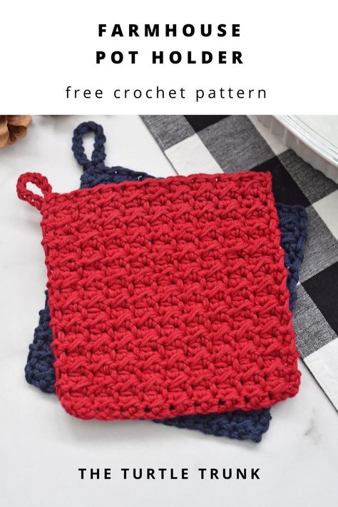 Pinterest pin for the Farmhouse Pot Holder crochet pattern by The Turtle Trunk. Photo shows 2 crochet pot holders laying on a white surface. Crochet Washcloth Free, Crochet Pot Holder, Crochet Pot Holders Free Pattern, Easy Beginner Crochet Patterns, Crochet Potholder, Crochet Potholder Patterns, Crochet Pot, Crochet Hot Pads, Crochet Stitches Guide