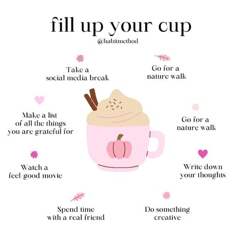 ✨ It’s time to fill up your cup, girl! 💖

Don’t forget to pause, breathe, and take care of YOU. 🌸

Here are simple ways to recharge:
Make a gratitude list, go for a nature walk,
take a social media break,
watch a feel-good movie,
get creative, journal your thoughts,
or spend time with a friend. 💕

Your wellness matters as much as your hustle!

What’s your fave way to fill up your cup? ✨

Follow @habitmethod for more daily self-care inspo! 💖

#SelfCare #ThatGirlRoutine #HabitMethod How To Fill My Cup, Fill Up Your Cup, Fill Your Cup Activity, How To Fill Your Emotional Cup, Filling Your Cup Quote, Have A Cup Of Positivitea Quotes, Gratitude List, Social Media Break, Positive Habits