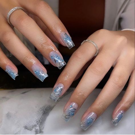 Light Blue Sparkly Nail Designs, Silver Light Blue Nails, Smokey Blue Nails Prom, Light Blue And Sparkle Nails, Light Blue Dress Nail Ideas, Light Sparkly Blue Nails, Blue And Sliver Nails Ideas, Light Blue Nail Ideas Short, Light Blue Silver Nails