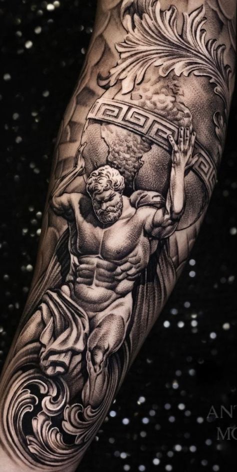 Blackwork Greek Tattoo, Greek Gods Tattoos For Men, Greek Mythology Atlas Tattoo, Small Torso Tattoo Men, Zeus Realism Tattoo, Acropolis Tattoo, Odysseus Tattoo, Greek Style Tattoos, Atlas Tattoo Design