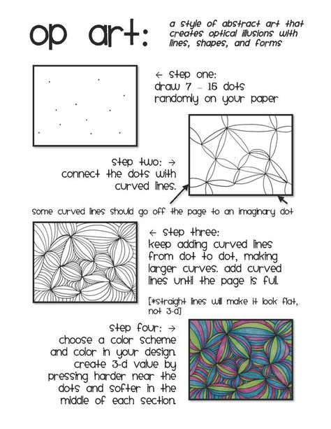 Op art, also known as optical art, is a style of visual art that uses optical illusions. Op art works are abstract, with many better-known pieces created in black and white. Typically, they give th… Op Art Projects, Op Art Lessons, Art Sub Lessons, Art Sub Plans, Classe D'art, Art Handouts, 6th Grade Art, Art Optical, Art Worksheets