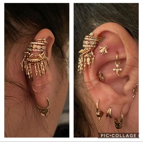 Shoulder Length Earrings, Coin Slot Ear, Coin Slot Ear Piercing, Ear Coin Slot, Maximalist Piercings, Coin Slot Piercing, Curated Ear Piercing, Curated Ear, Cool Ear Piercings