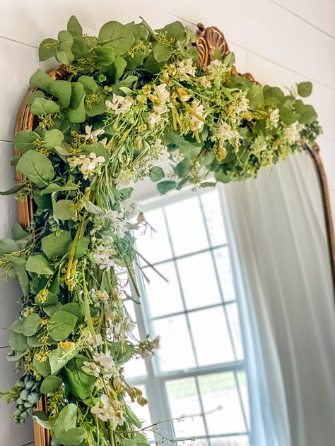 Mirror With Greenery, Decorate A Mirror, Decorating Mirror Frames, Mirror With Flowers, Spring Family Pictures, Spring Wall Decor, Rose Mirror, Yellow Wildflowers, Cotton Stems