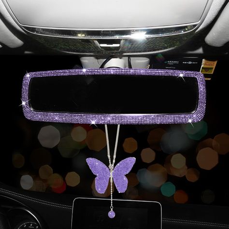 PRICES MAY VARY. Packing List: 1 PC Butterfly Car Trim Accessories; 1 PC Bling Rhinestone Car Rear View Mirror High-quality materials:Made of quality alloys and shiny rhinestones,featuring a certain weight and nice texture,The alloy adopts high-quality electroplating process, which is durable and does not fade. Dimension: Size of Crystal Mirror--27.5*8.5cm/10.6*3.1 inch (Length*Wide). Size of Butterfly Accessories --full length 21.5 cm/8.46 inch. Perfect as a gift for your friends and family on Light Purple Car Accessories, Purple Car Interior Decor, Lavender Car Accessories, Y2k Car Accessories, Y2k Car Decor, Purple Car Decor, Cute Car Accessories Interiors Ideas, Girly Car Interior, Purple Car Accessories