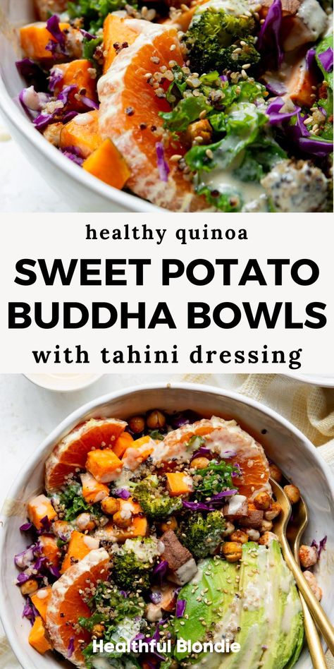 This easy quinoa sweet potato Buddha bowl recipe is loaded with roasted sweet potatoes, crispy chickpeas, charred broccoli, fresh kale, and a homemade creamy tahini dressing. These grain bowls make for the perfect high protein vegan meal or easy meal prep lunch! Fertility Meals, Sweet Potato Buddha Bowl, Potato Buddha Bowl, Cozy Pasta, Buddha Bowl Recipe, Salads Vegetarian, Potato Bowls, Charred Broccoli, Potatoes Crispy