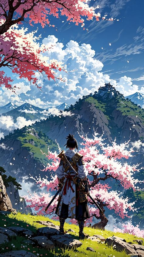 A lone samurai standing on a mountain cliff at sunrise, cherry blossom petals floating in the wind, snow-capped peaks in the background, golden sunlight breaking through dramatic clouds, intricate details on the samurai's armor and katana. ✫ ━━━━━∙⋆⋅⋆∙━━━━━ ✫ Follow ➠ @tech4vinay.ai and Hit 🔔☝️ ✫ ━━━━━∙⋆⋅⋆∙━━━━━ ✫ #vibrantlandscapes #fanatasyworld #ailove #aiart #aiartcommunity #visionartai #stablediffusionai #midjourney #tech4vinay #lumadreammachine #NaturesSymphony #SkyMagic #MountainView #... Standing On A Mountain, Lone Samurai, Mountain Cliff, Dramatic Clouds, Cherry Blossom Petals, Cool Pixel Art, Desktop Wallpaper Art, Anime Printables, Samurai Armor