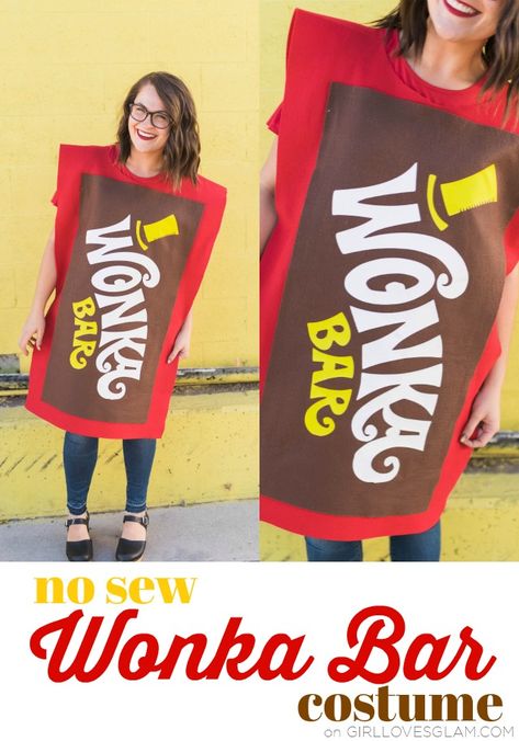 No sew Wonka Bar costume! Perfect for an adult costume or a kid costume. It goes along with a Willy Wonka themed family halloween costume, too! Wonka Bar Costume, Siblings Costumes, Willy Wonka Halloween, Willy Wonka Costume, Wonka Bar, Sibling Halloween Costumes, Sibling Costume, Kid Costume, Family Halloween Costume