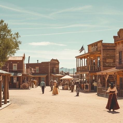 Old Western Town: Visitors dressed in period costumes wander the dusty streets of an old Western town under a clear sky. #western #town #costume #historical #buildings #sky #clear #streets #aiart #aiphoto #stockcake https://ayr.app/l/vdsY Wild West Town Aesthetic, Western Frontier Aesthetic, Desert Town Aesthetic, Western Town Aesthetic, Old Wild West Aesthetic, Old West Aesthetic, Old Western Aesthetic, Western Village, Cowboy Core